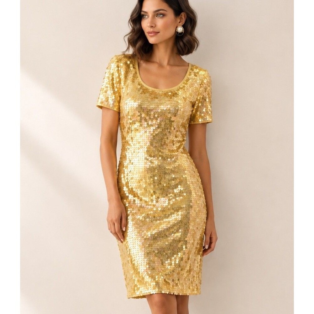 VTG Black Tie Oleg Cassini  Yellow Sequin Paiette Sheath Dress Silk Cocktail EVC